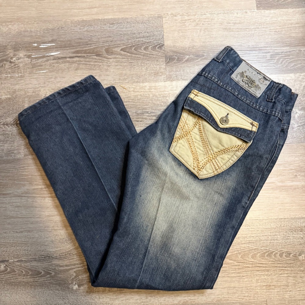 Bare Fox Mens 34 Blue Denim Jeans Y2K Embroidered Flap Pocket Straight Leg